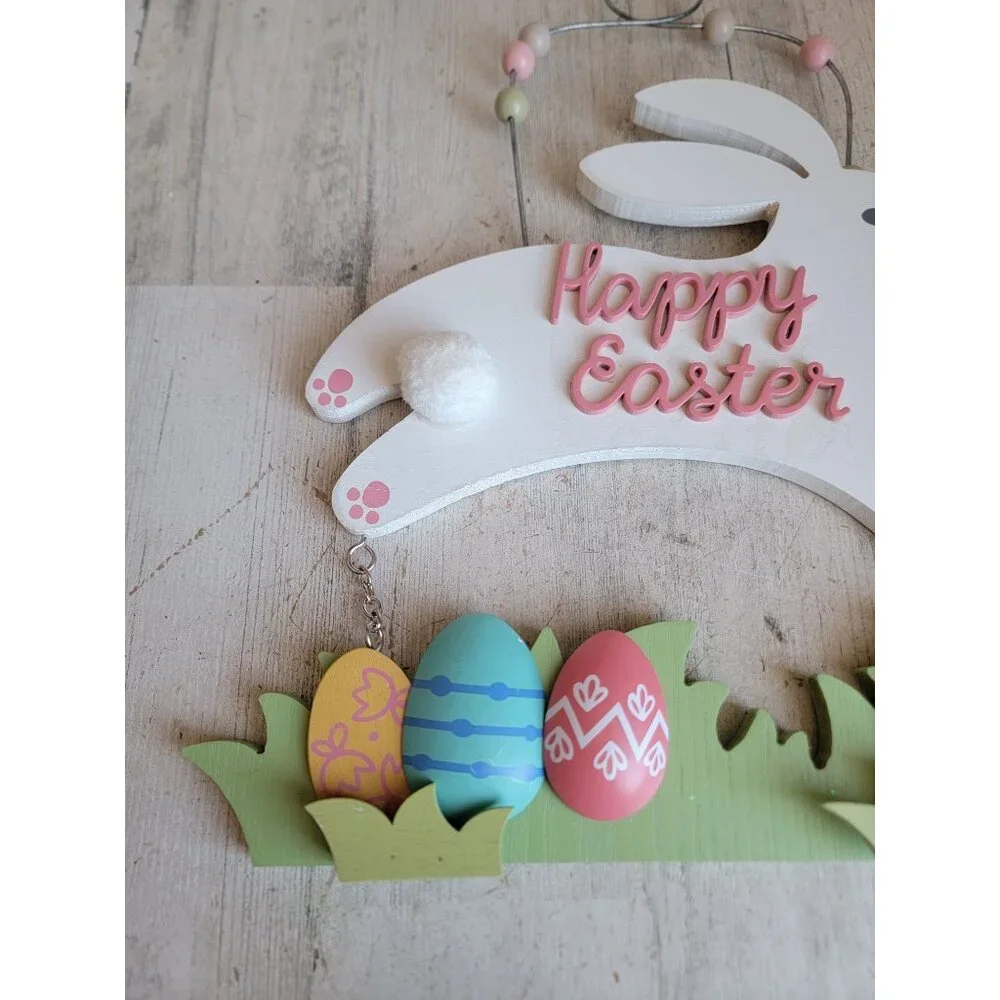 Wooden hanging‎ happy Easter white bunny egg grass Spring home decor